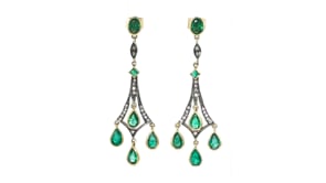C. 1980 Vintage 2.85 ct. t.w. Emerald and .28 ct. t.w. Diamond Chandelier Earrings in 18kt Yellow Gold and Sterling Silver