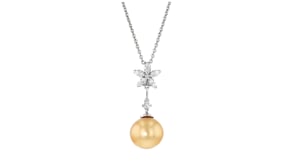 C. 1990 Vintage 12.5mm Golden Cultured South Sea Pearl and .32 ct. t.w. Diamond Floral Pendant Necklace in 14kt White Gold