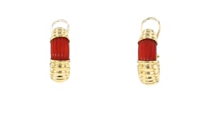 C. 1980 Vintage Red Coral Curved Earrings in 18kt Yellow Gold