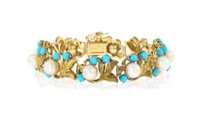 C. 1960 Vintage 6.5mm Cultured Pearl Floral Bracelet with Turquoise in 14kt Yellow Gold