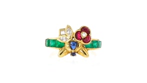 C. 1990 Vintage 1.23 ct. t.w. Multi-Gemstone Flower Ring with .17 ct. t.w. Diamonds in 18kt Yellow Gold