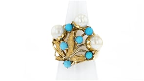 C. 1960 Vintage 6.5mm Cultured Pearl Floral Ring with Turquoise in 14kt Yellow Gold