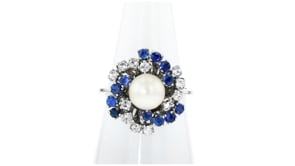 C. 1970 Vintage 7mm Cultured Pearl, 1.00 ct. t.w. Sapphire and .50 ct. t.w. Diamond Swirl Ring in 14kt White Gold
