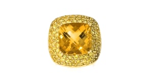 C. 1990 Vintage 9.25 Carat Citrine and 3.35 ct. t.w. Yellow Sapphire Ring in 18kt Yellow Gold