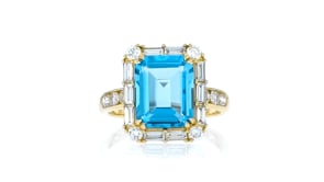 4.50 Carat Swiss Blue Topaz Ring with 1.00 ct. t.w. Lab-Grown Diamonds in 14kt Yellow Gold