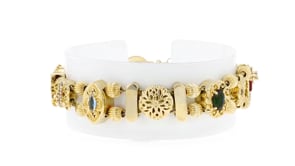 C. 1990 Vintage Multi-Gemstone and .70 ct. t.w. Diamond Slide Charm Bracelet with 2.5mm Cultured Pearls in 14kt Yellow Gold