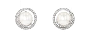7-7.5mm Cultured Pearl and .26 ct. t.w. Diamond Spiral Earrings in 14kt White Gold
