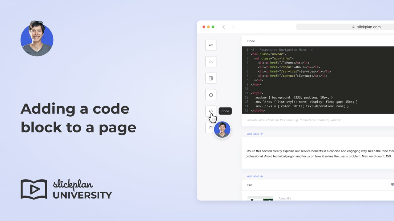 Adding a code block to a page
