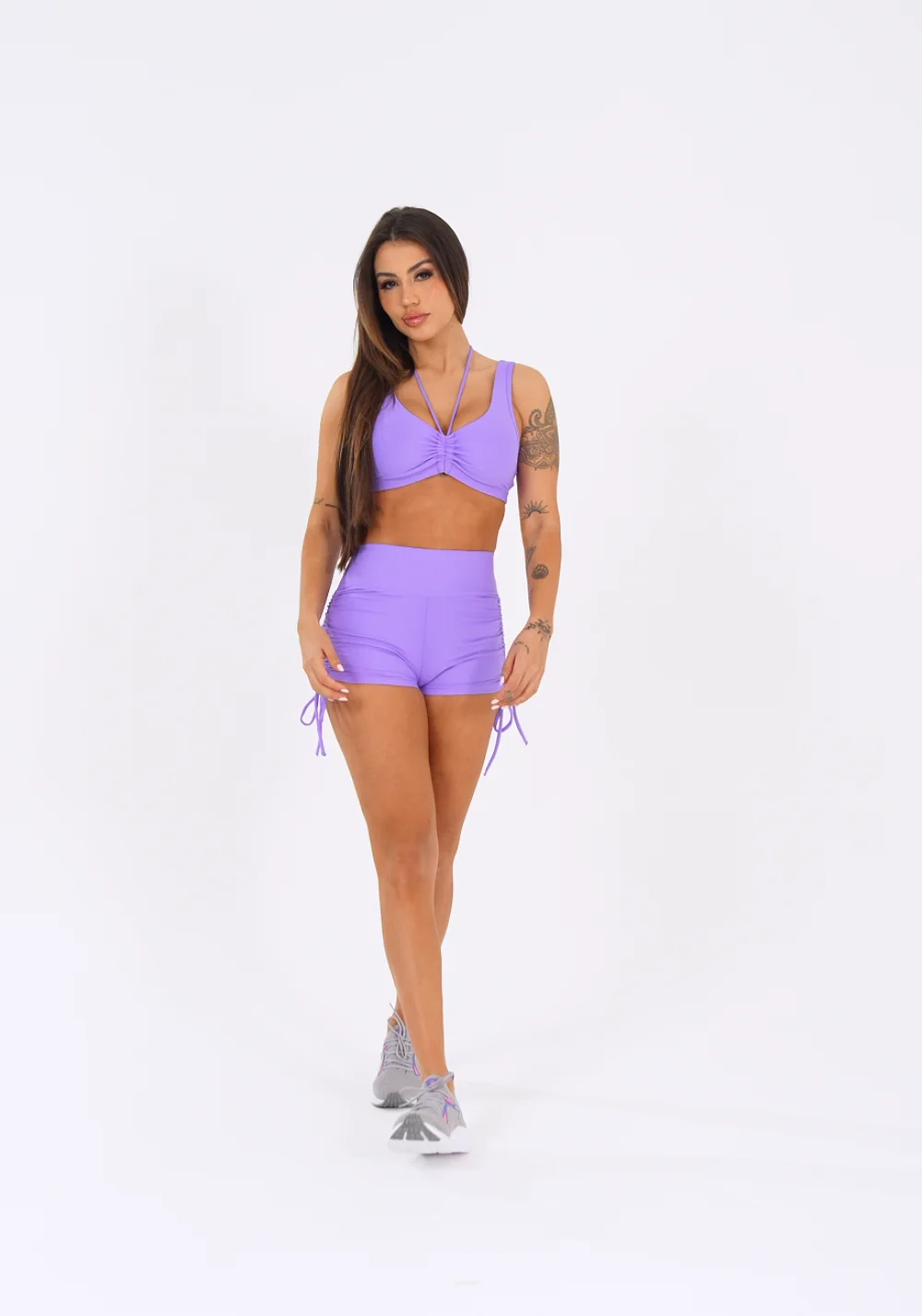 Short fitness feminino lavanda com franzido aura dlk