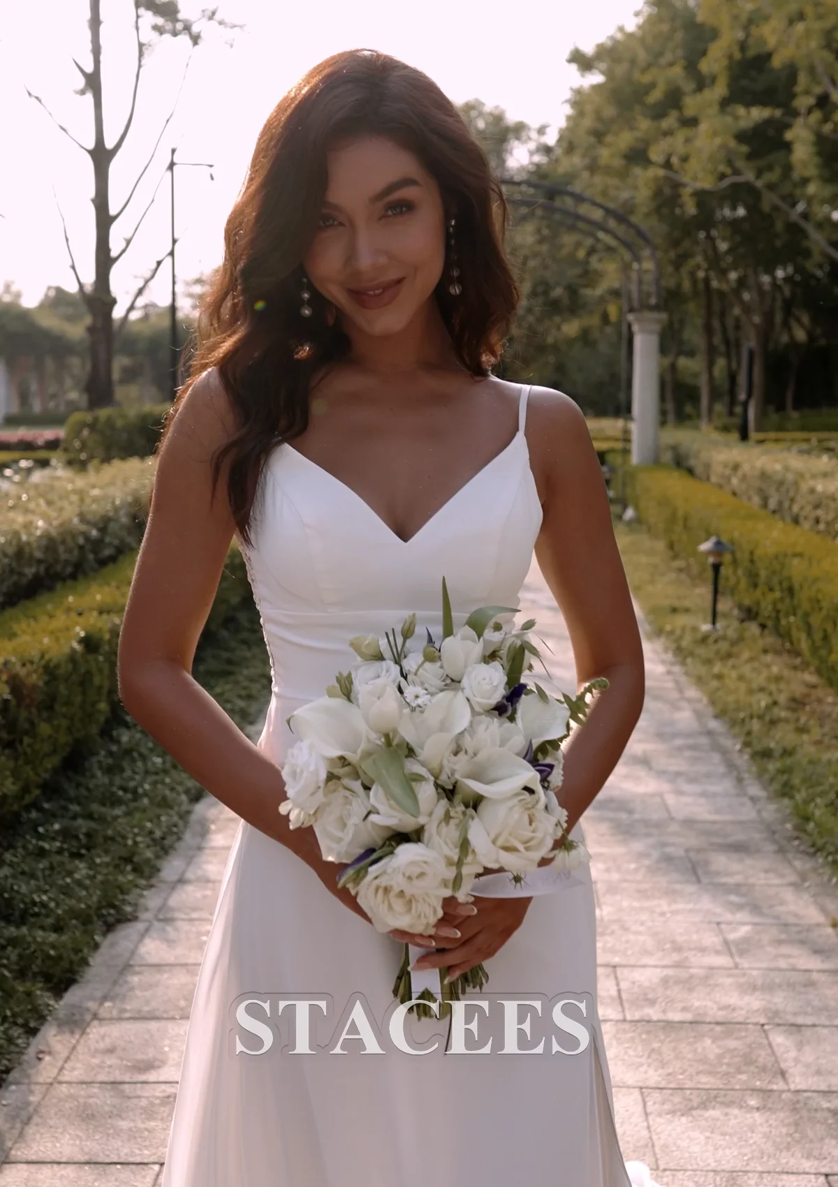 A-line V Neck Chiffon Court Train Wedding Dress with Lace Split