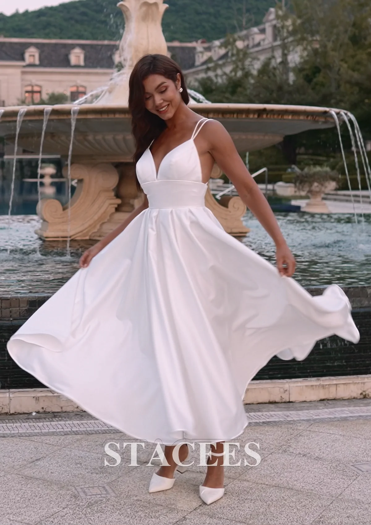 spaghetti strap tea length wedding dress Stacees BridalTea-Length A-line V Neck Satin Find your perfect fit today Wedding Dress V Neck Spaghetti