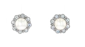 7-7.5mm Cultured Pearl Earrings with .90 ct. t.w. Sky Blue Topaz and .16 ct. t.w. Diamonds in Sterling Silver