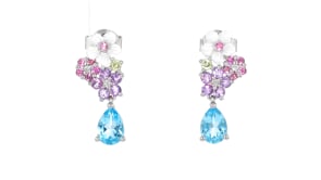 1.30 ct. t.w. Swiss Blue Topaz and .58 ct. t.w. Multi-Gemstone Floral Drop Earrings with Mother-of-Pearl and Lab-Grown Diamonds