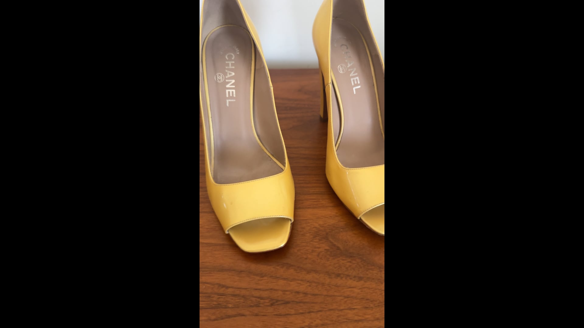 Chanel Patent Leather Open Toe Shoe Yellow with CC logo For