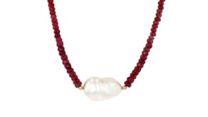 24x13mm Cultured Baroque Pearl and 70.00 ct. t.w. Ruby Bead Necklace with 18kt Gold Over Sterling