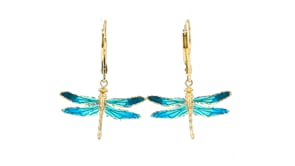 Italian Tonal Blue Enamel Dragonfly Drop Earrings in 18kt Yellow Gold