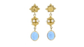 Italian Tagliamonte Blue Venetian Glass and 4-4.5mm Cultured Pearl Drop Earrings in 18kt Gold Over Sterling