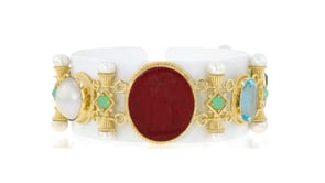 Italian Tagliamonte Multicolored Venetian Glass and 10.00 Carat Sky Blue Topaz Bracelet with Chrysoprase, 14-15mm Mabe Pearls an