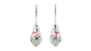 Mother-of-Pearl and Multicolored Enamel Flamingo Mosaic Drop Earrings in Sterling Silver and 18kt Rose Gold Over Sterling