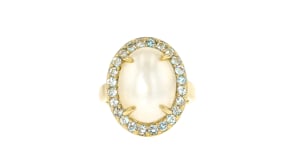 16x12mm Mabe Pearl and 1.00 ct. t.w. Swiss Blue Topaz Ring in 18kt Gold Over Sterling