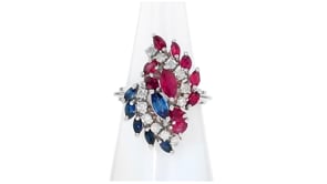 C. 1970 Vintage .90 ct. t.w. Ruby and .65 ct. t.w. Sapphire Swirl Ring with .36 ct. t.w. Diamonds in 14kt White Gold