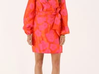 Orange jacquard wrap dress with pink flowers | My Jewellery