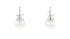 13-14mm Cultured South Sea Pearl and .96 ct. t.w. Diamond Flower Drop Earrings in 18kt White Gold