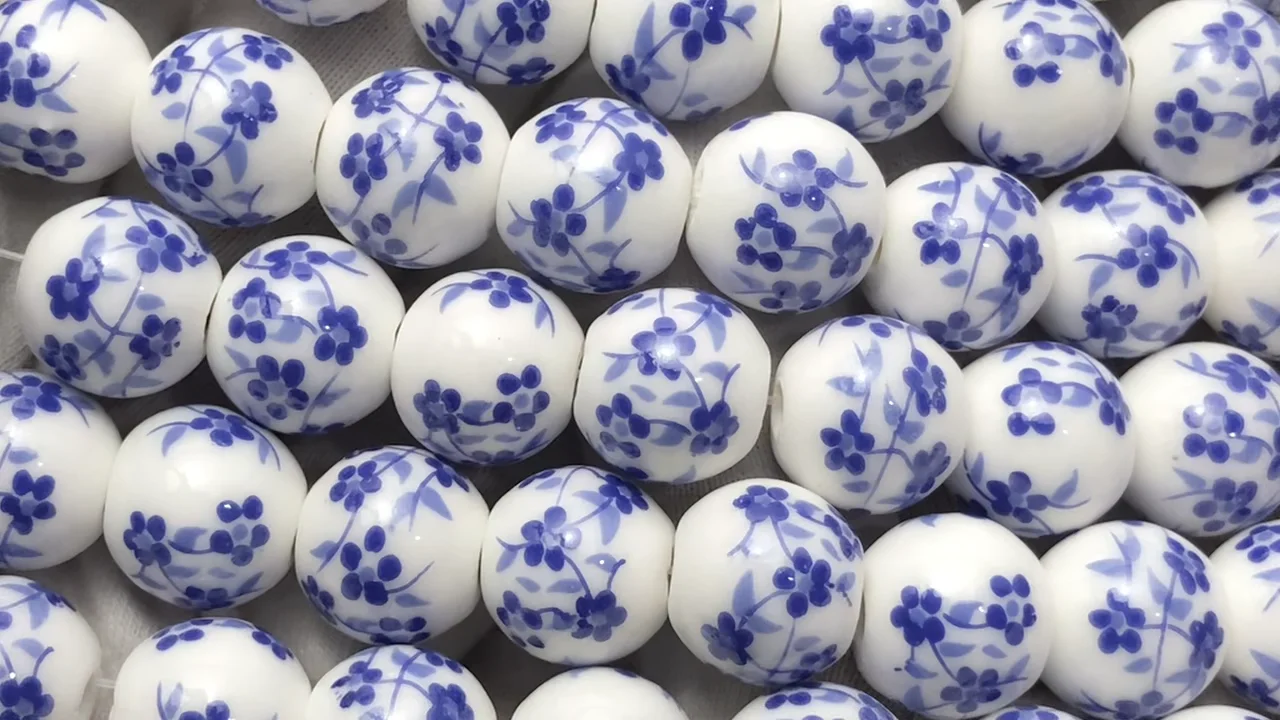 陶器ビーズ（セラミックビーズ） ラウンド12mm 【小花柄/ブルー】 1連