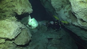 1380_Scuba divers on safety line inside Cenote Tajma Ha, Yucatan Mexico.