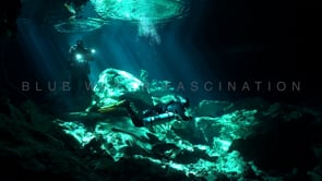 1387_Scuba divers and light reflection from surface inside Cenote Tajma Ha, Yucatan Mexico