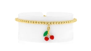 Italian 3mm 18kt Gold Vermeil Bead Stretch Bracelet with Enamel Cherry Charm