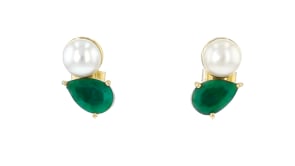 6.5-7mm Cultured Pearl and 2.70 ct. t.w. Emerald Toi et Moi Earrings in 18kt Gold Over Sterling