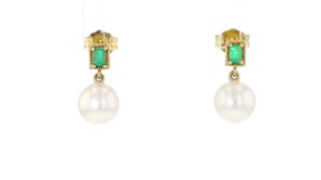 7mm Cultured Pearl and .10 ct. t.w. Emerald Drop Earrings in 10kt Yellow Gold