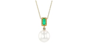7.5-8mm Cultured Pearl and Emerald Pendant Necklace in 10kt Yellow Gold