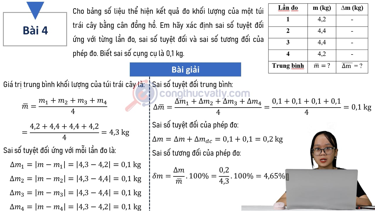 Cho bảng số liệu thể hiện kết quả đo khối lượng của một túi trái cây bằng cân đồng hồ.