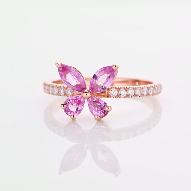 Schmetterlingsring mit Flügeln aus Marquise- und Tropfenschliff-Rosa Saphiren