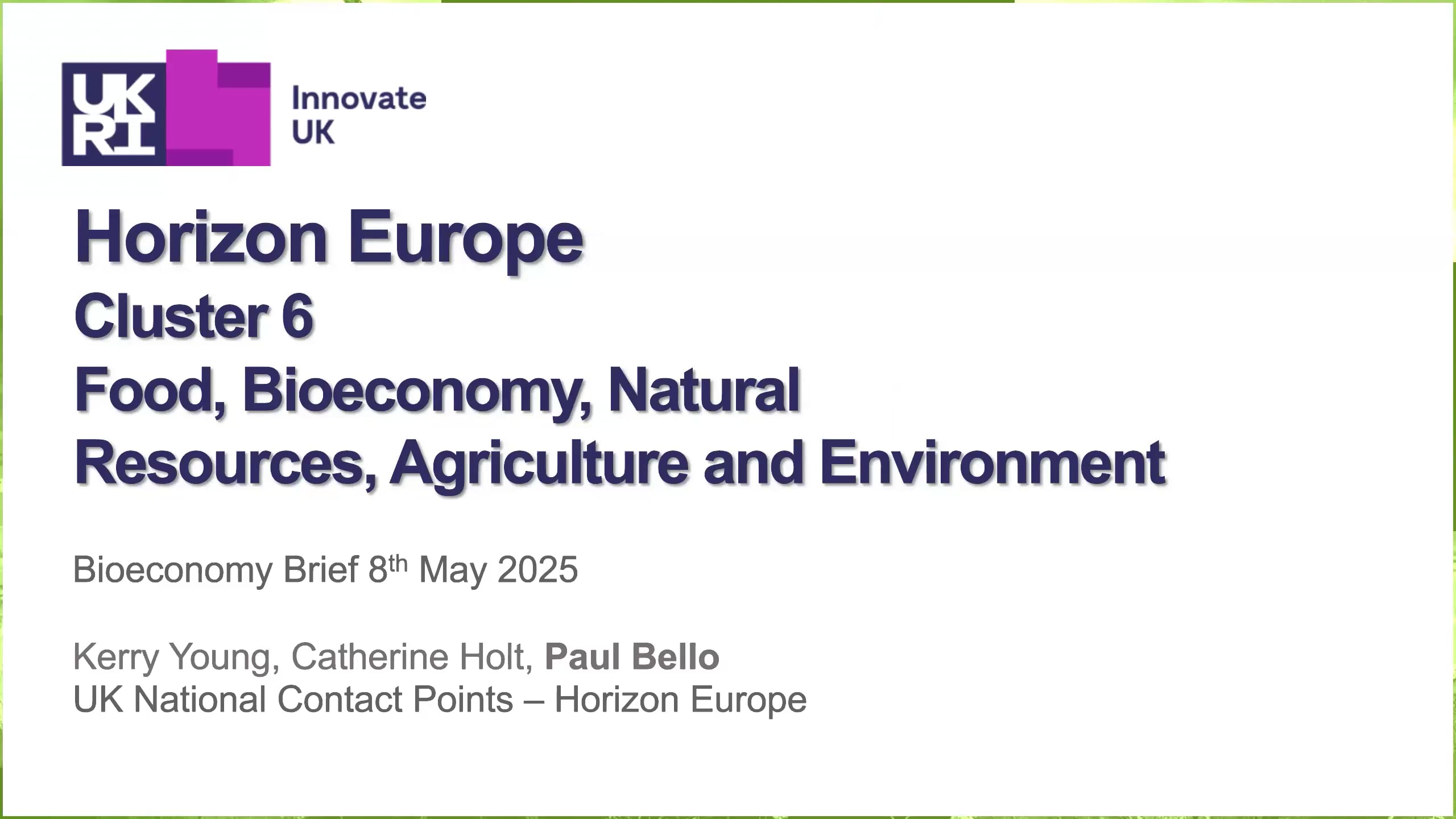 Horizon Europe Cluster 6 Briefing 2 Circular Economy, Bioeconomy and CBE JU