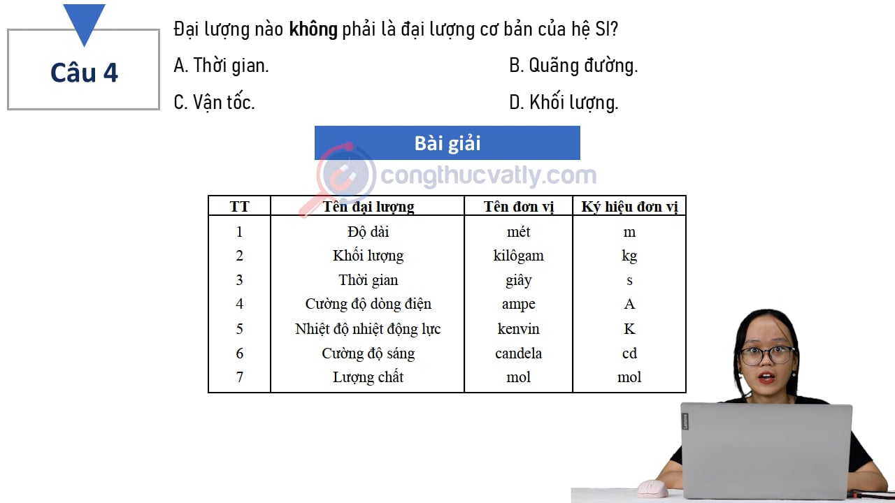 Đại lượng nào không phải là đại lượng cơ bản của hệ SI?