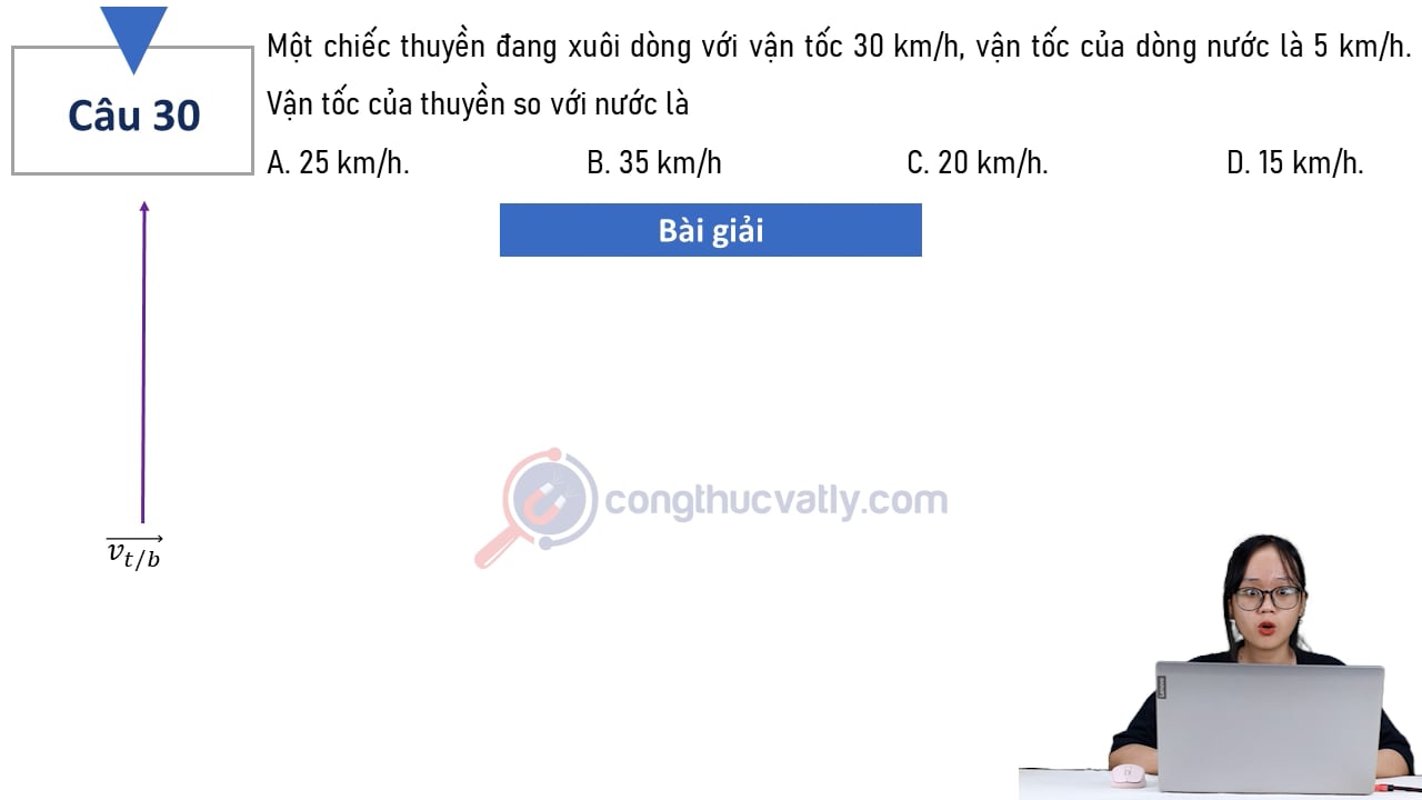 Một chiếc thuyền đang xuôi dòng với vận tốc 30 km/h, vận tốc của dòng nước là 5 km/h.