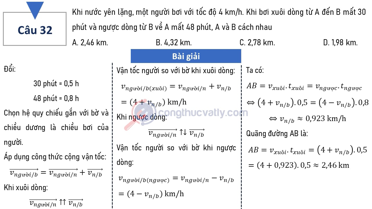 Khi nước yên lặng, một người bơi với tốc độ 4 km/h. Bơi xuôi dòng từ A đến B mất 30 phút và ngược dòng từ B về A mất 48 phút.
