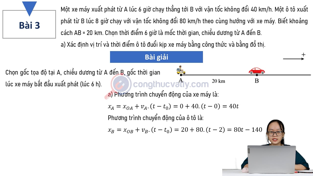 Một xe máy xuất phát từ A lúc 6 giờ chạy thẳng tới B với vận tốc không đổi 40 km/h. Một ô tô xuất phát từ B lúc 8 giờ chạy với vận tốc không đổi 80 km/h theo cùng hướng với xe máy.