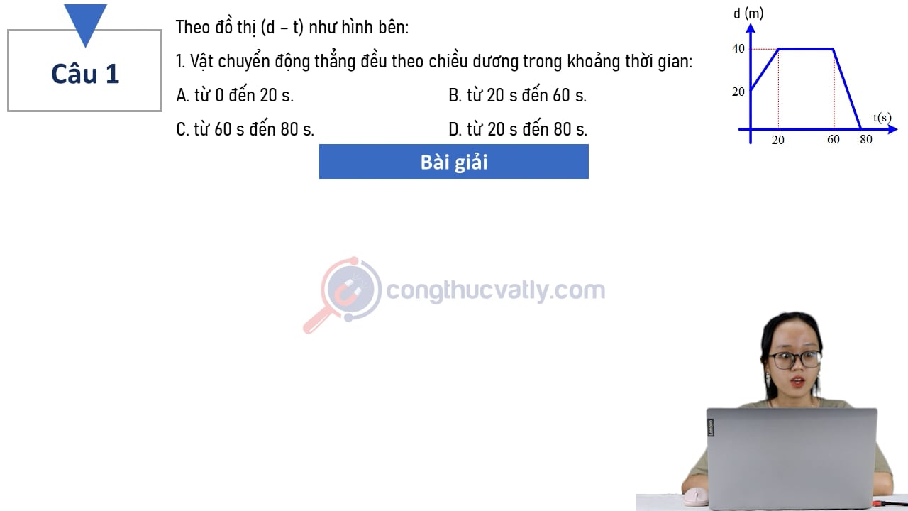 Theo đồ thị (d - t) như hình bên: 1. Vật chuyển động thẳng đều theo chiều dương trong khoảng thời gian.