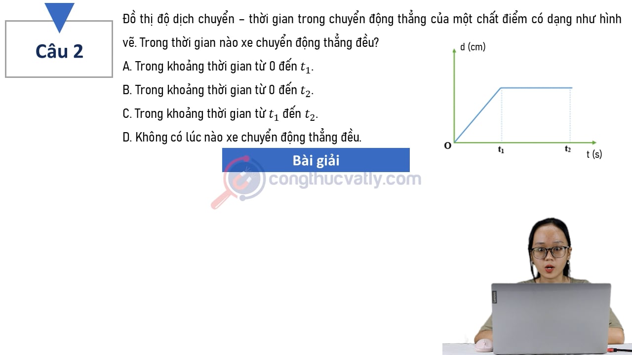 Đồ thị độ dịch chuyển - thời gian trong chuyển động thẳng của một chất điểm có dạng như hình vẽ. Trong thời gian nào xe chuyển động thẳng đều?
