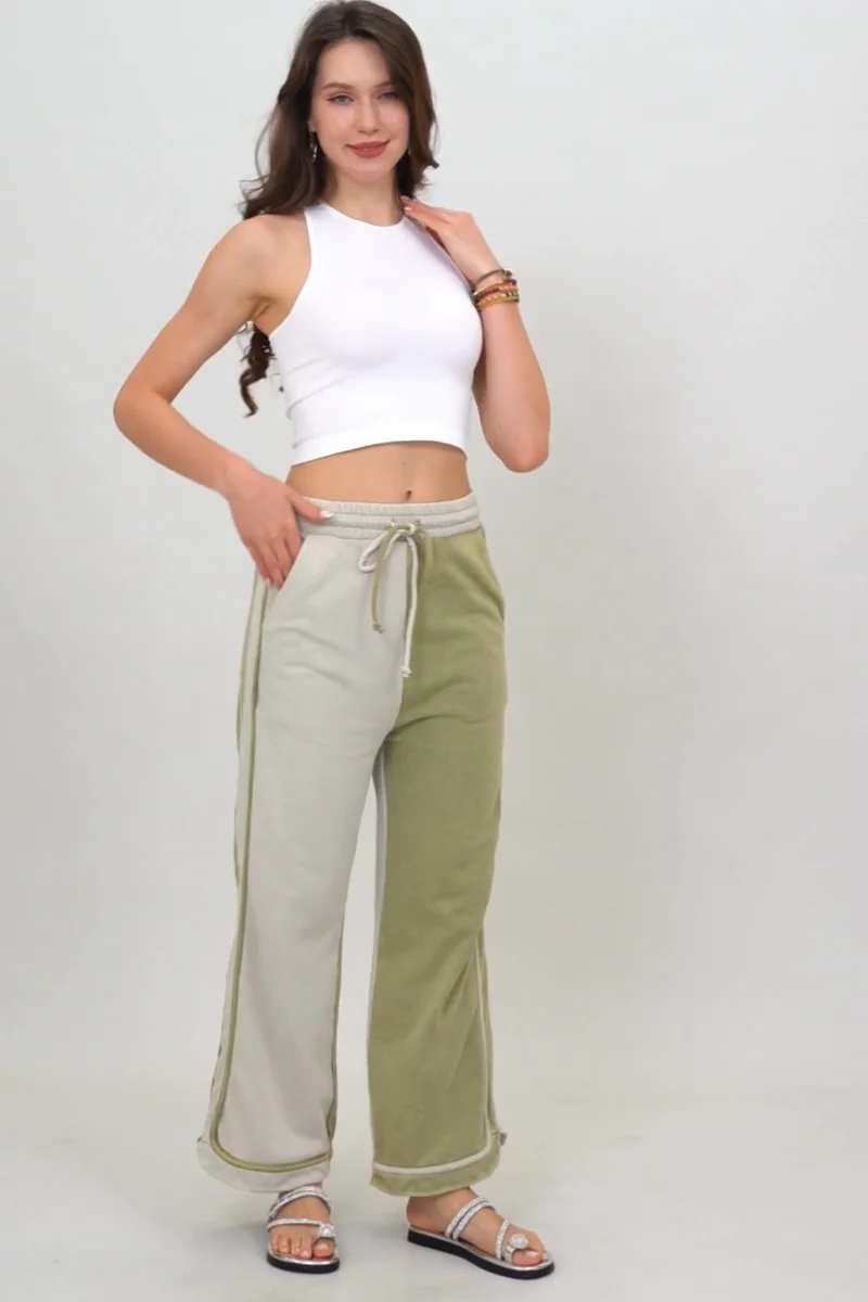 Wide Leg Olive Two-Tone Relaxed Fit Pants