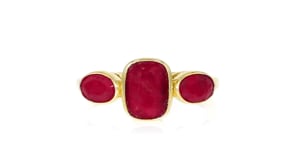 3.30 ct. t.w. Ruby Three-Stone Ring in 18kt Gold Over Sterling