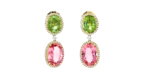 18.47 ct. t.w. Green and Pink Tourmaline Drop Earrings with .82 ct. t.w. Diamonds in 18kt Yellow Gold
