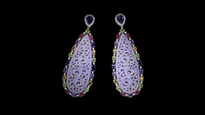 Carved Lavender Jade and 8.60 ct. t.w. Multi-Gemstone Drop Earrings with .68 ct. t.w. Diamonds in 18kt White Gold