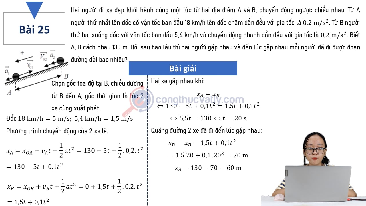 Hai người đi xe đạp khởi hành cùng một lúc từ hai địa điểm A và B, chuyển động ngược chiều nhau.