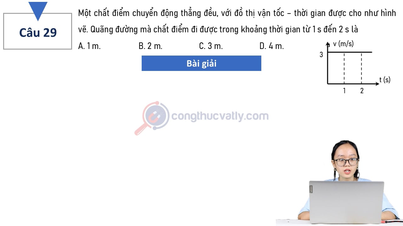 Một chất điểm chuyển động thẳng đều, với đồ thị vận tốc - thời gian được cho như hình vẽ.