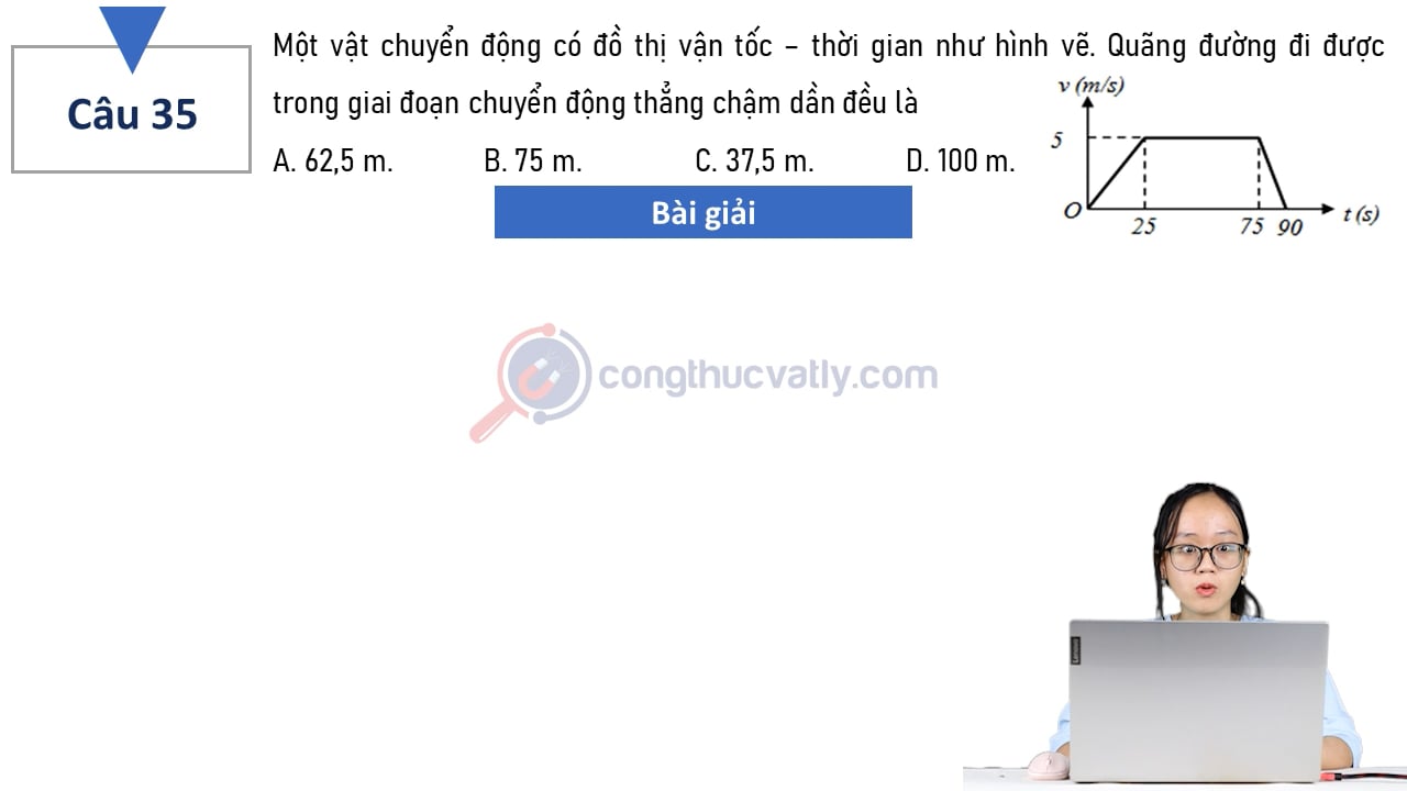 Một vật chuyển động có đồ thị vận tốc - thời gian như hình vẽ. Quãng đường vật đi được trong giai đoạn chuyển động thẳng chậm dần đều là
